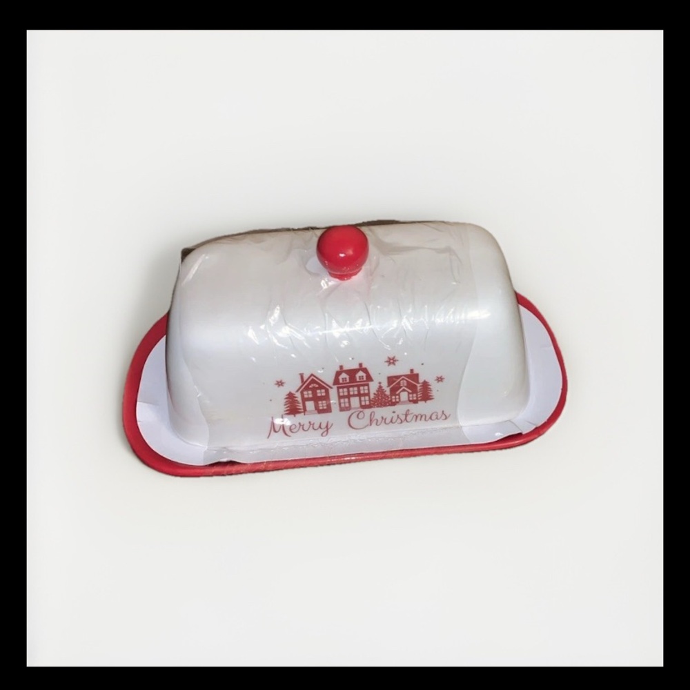 Red and White Christmas Butter Dish - Trees, Houses, Snowflakes